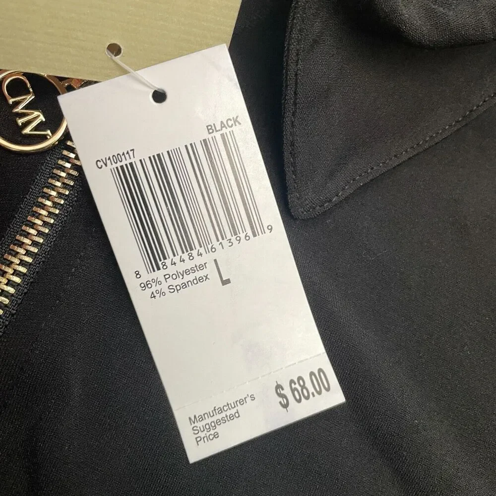 Carmen Marc Valvo 1/2 Zip Blouse Womens Large Black Roll Tab Sleeve Classic NWT - Picture 4 of 13